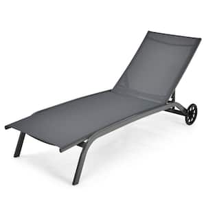Outdoor Chaise Lounge Chair Adjustable Patio Recliner with Wheels Grey