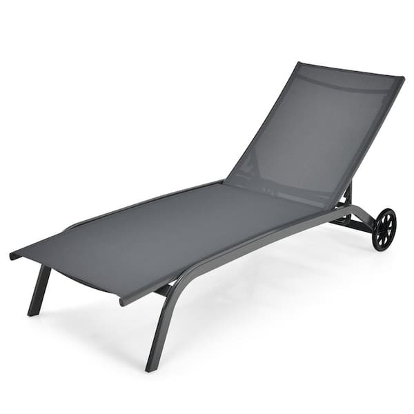 Gymax Outdoor Chaise Lounge Chair Adjustable Patio Recliner with Wheels Grey