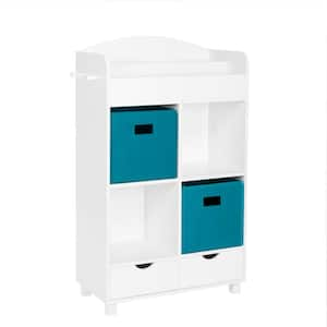 23.5in. Wide Painted Finish Kids Book Nook Cubby Toy Storage Cabinet with Bookshelf, Drawers and  2-Piece Turquoise Bins