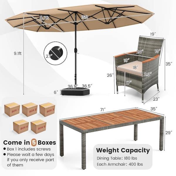 10-Piece Wicker Rectangle Outdoor Dining Set with Beige Neutral Cushions and Coffee Umbrella