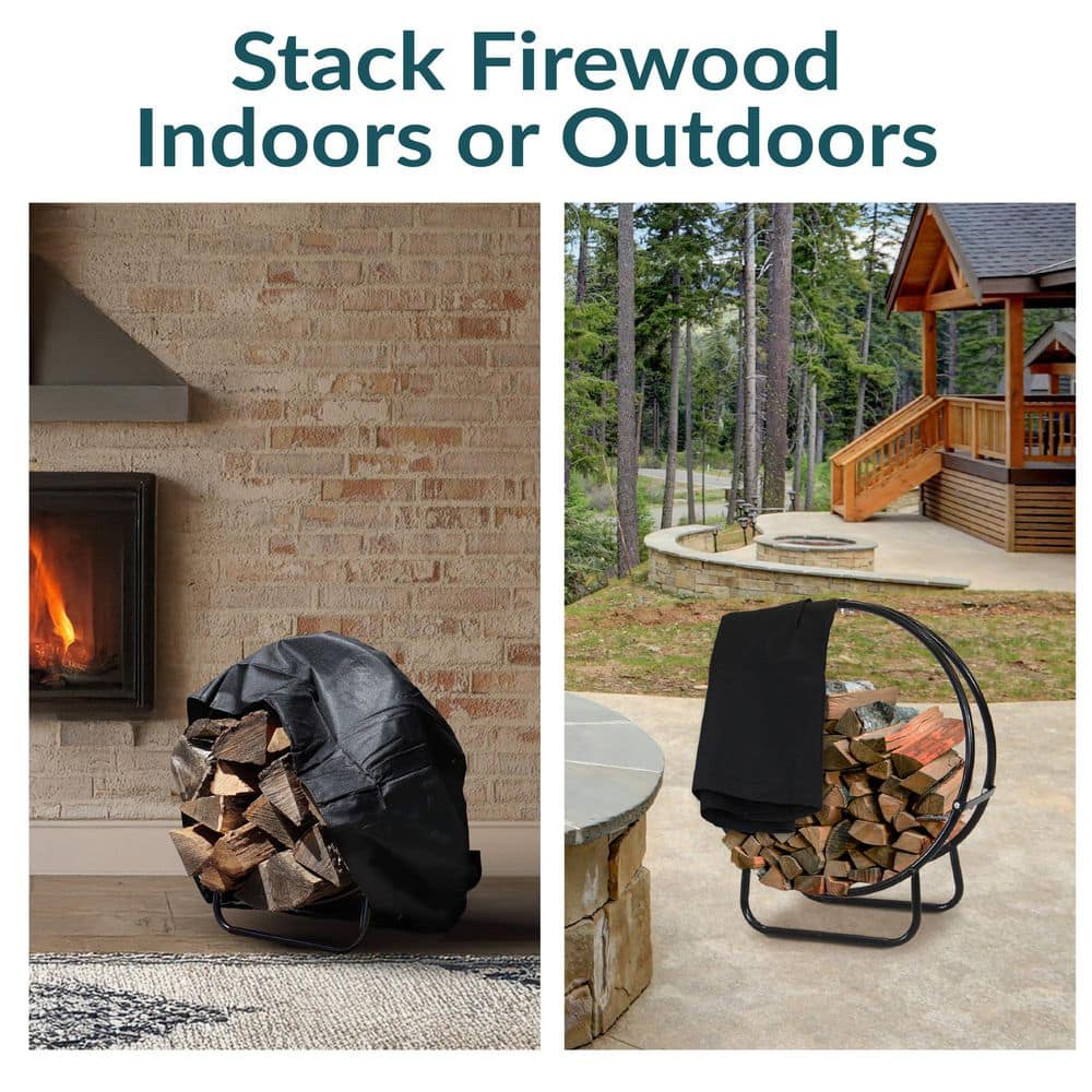 24-Inch Black Steel Firewood Log Hoop Rack with PVC Cover