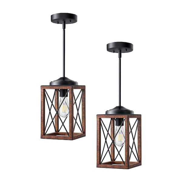60-Watt Dining Room Adjustable Pipes Pendant Light with Bronze Wooden Grain Shade, Bulbs Not Included (2-Pack)