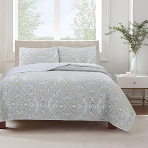 Gray Taupe Floral Majesty Medallion 3-Piece Polyester Queen Quilt Bedding Set