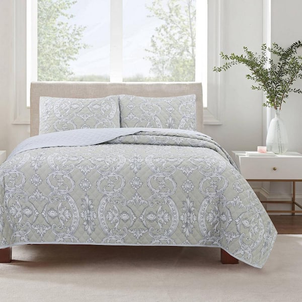Cozy Line Home Fashions Gray Taupe Floral Majesty Medallion 3-Piece Polyester Queen Quilt Bedding Set