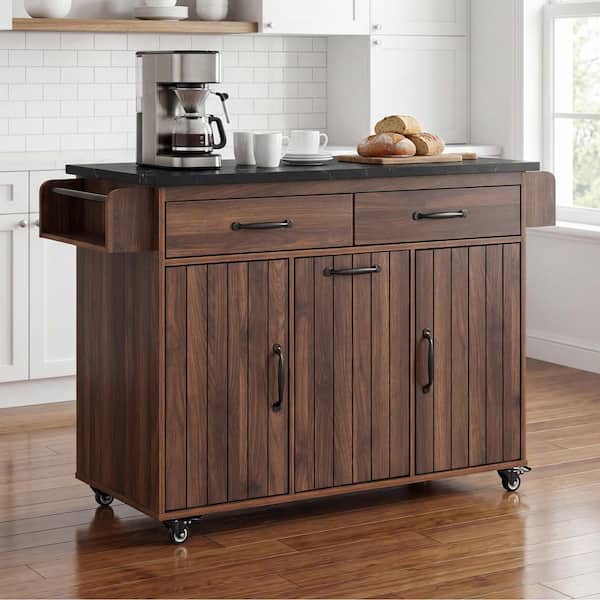Brown Wood 51 in. Kitchen Island with Trash Can Storage Cabinet, Drop Leaf, Drawers and Adjustable Shelf for Dining Room