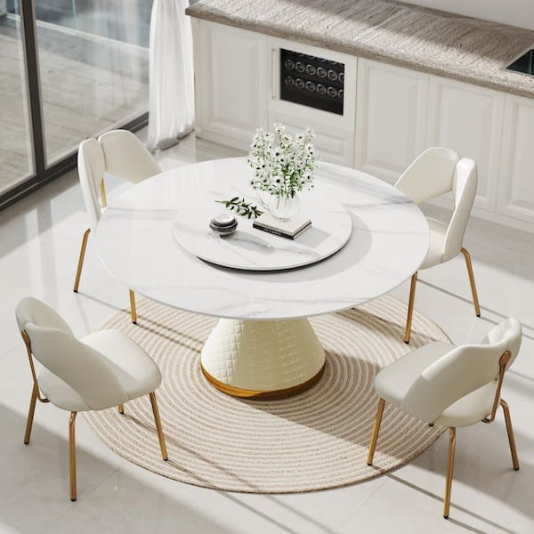 59.05 in. Rotable Round Lazy Susan Sintered Stone Tabletop with Pedestal PU Leather Base Kitchen Dining Table (8-Seats)