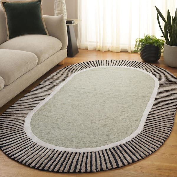 Fifth Avenue 5 ft. x 8 ft. Sage/Black Striped Border Solid Oval Area Rug