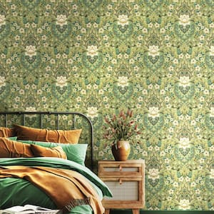 Into The Wild Green Metallic Floral Damask Non-Pasted Non-Woven Paper Wallpaper Roll