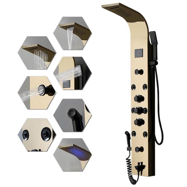 8-Jet Rainfall Shower Panel System with Waterfall Shower Head and Shower Wand With LED Light in Black Gold