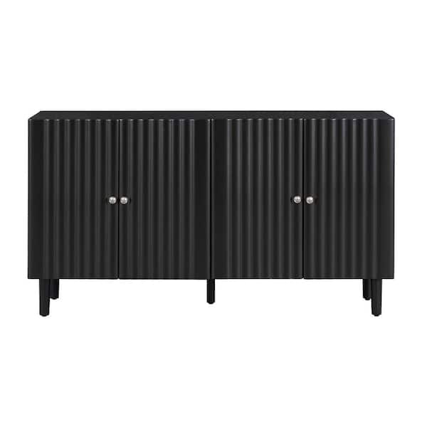Unbranded 58.1 in. W x 16.6 in. D x 32.1 in. H Black Linen Cabinet with Wavy Pattern Doors, Cylindrical Legs, Sleek Metal Handles