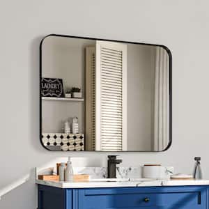 28 in. W x 36 in. H Rectangular Aluminum Framed Wall Bathroom Vanity Mirror in Black
