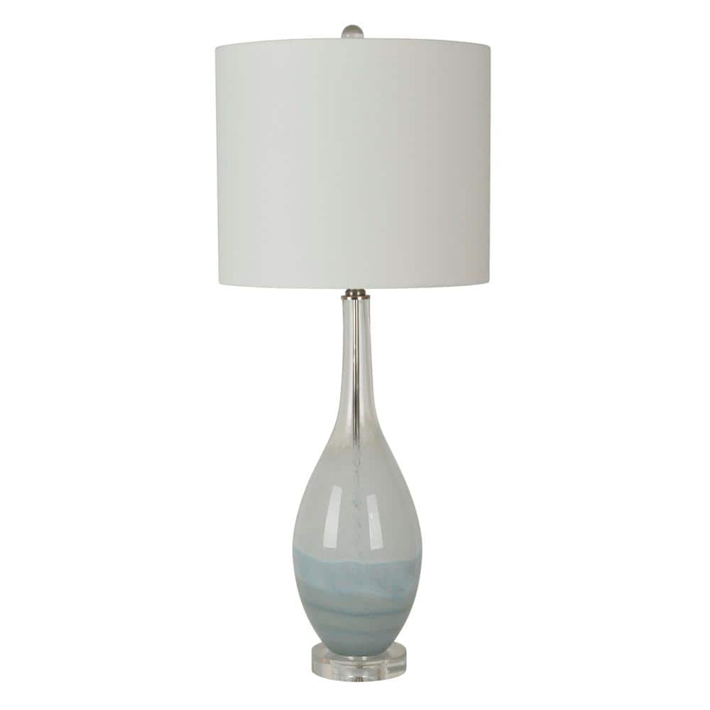 33 in. Light Blue and White Swirled Art Glass Table Lamp with White Fabric 