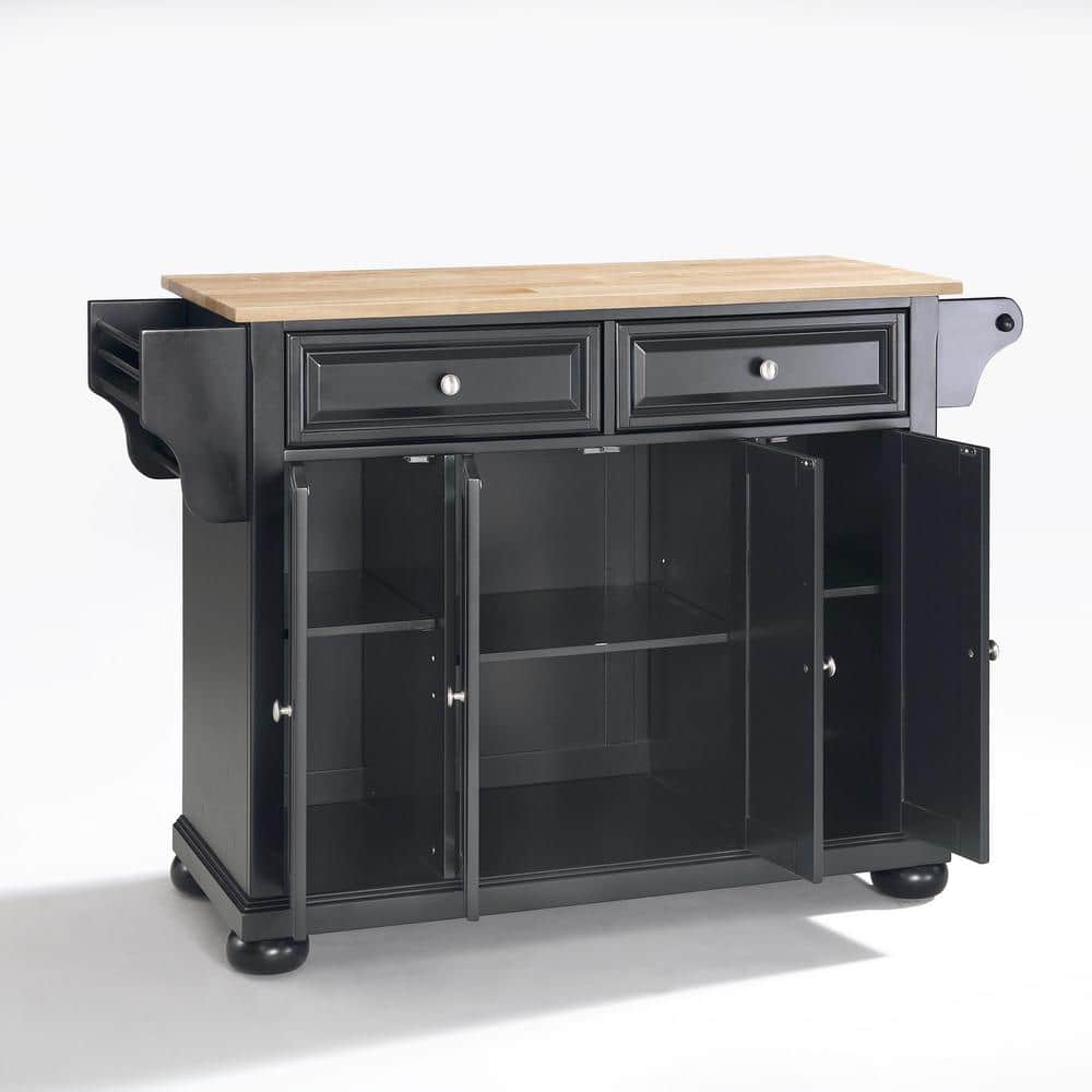 Cambridge 46" Black Kitchen Island with Natural Wood Top and Storage