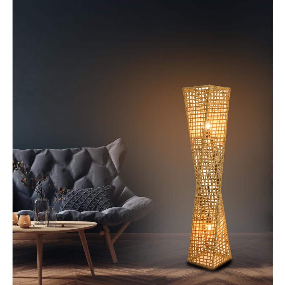 Phuket Twist 51" Handcrafted Rattan Floor Lamp with Linen Shades
