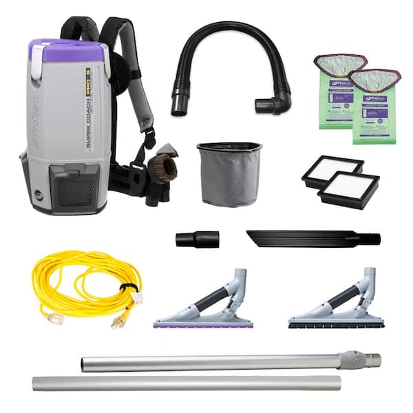 ProTeam Super Coach Pro 6, 6 Qt. Corded, Bagged Gray Backpack Vacuum w/ProBlade Hard Surface & Carpet Kit, 3 Replaceable Filters