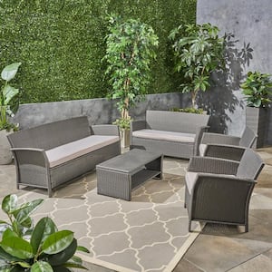 St. Lucia Grey 5-Piece Faux Rattan Patio Conversation Set with Silver Cushions