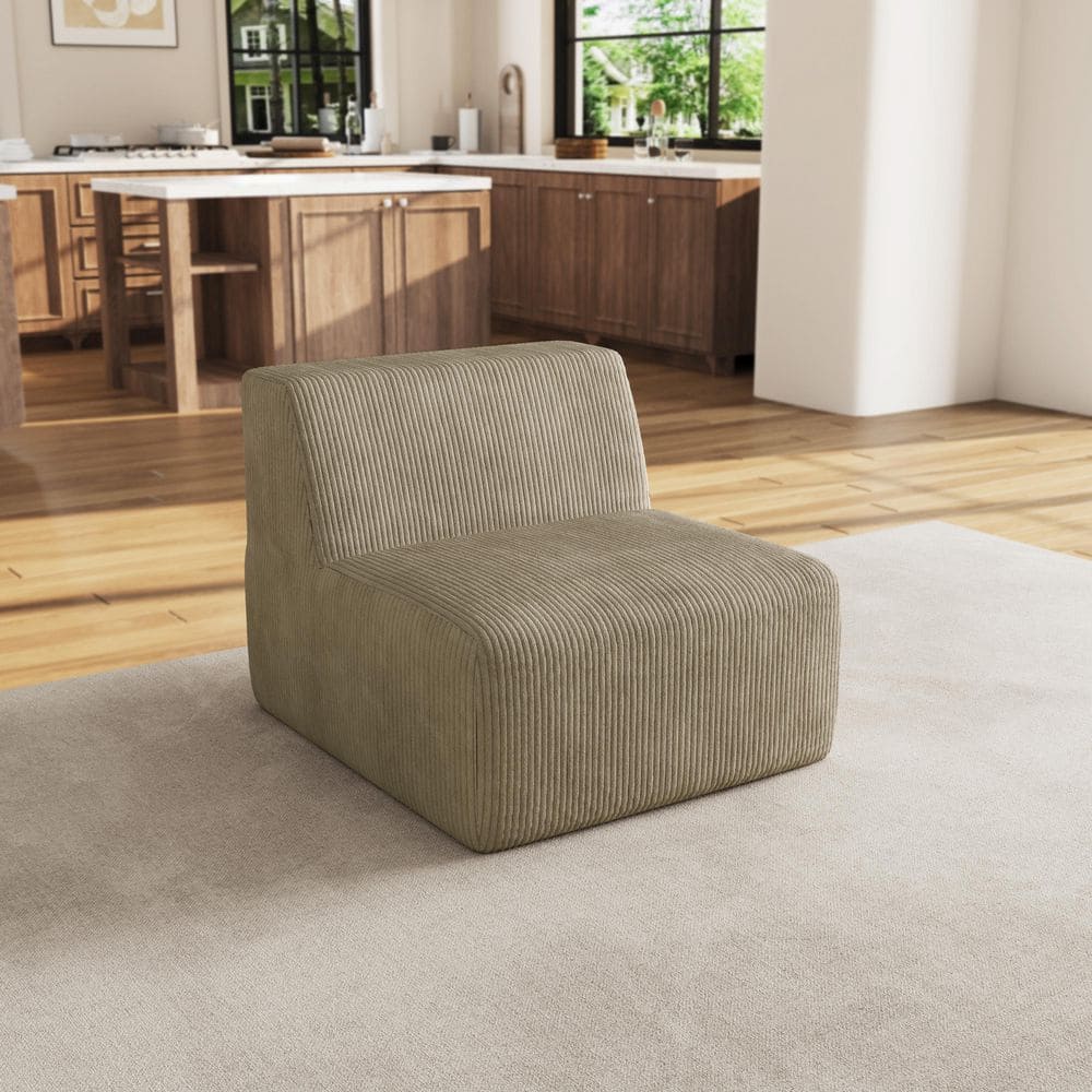 34.54 in. Armless Corduroy Rectangle Sectional Center 1-Seat Sofa in Khaki (Set of 1)