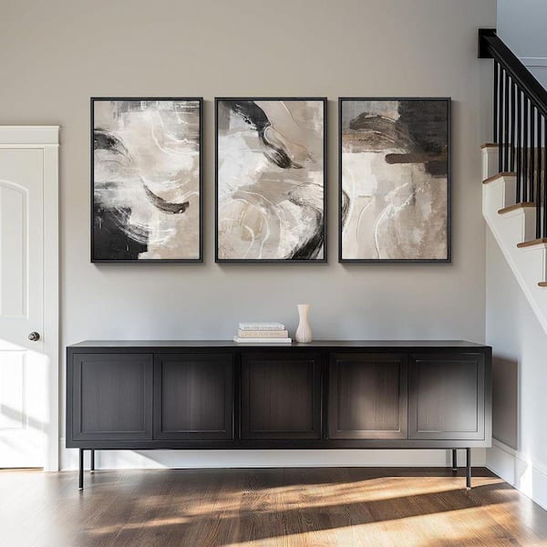3 Piece Large Framed Neutral Abstract Wall Art Poster, Black Beige