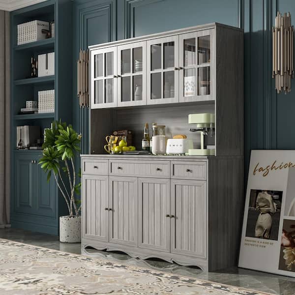 FUFU&GAGA Gray Painted Wooden 61.2 in. W Buffet and Hutch Kitchen Cabinet with Drawers and Adjustable Shelves, Glass Doors