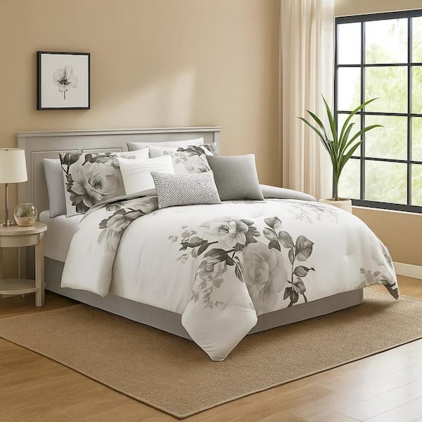 7-Piece Gray and White Floral Cotton Queen Comforter Set