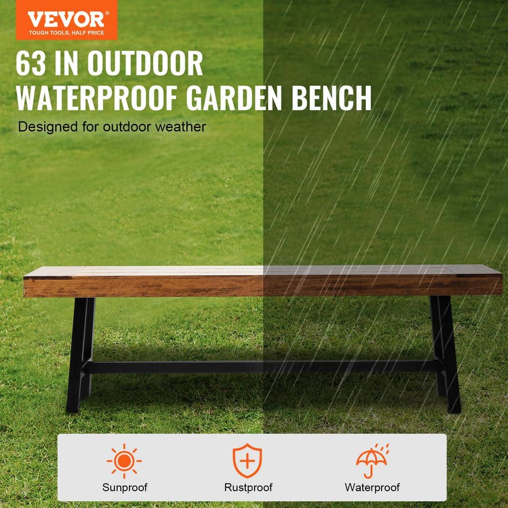 63-Inch Brown Wood and Black Metal Outdoor Bench