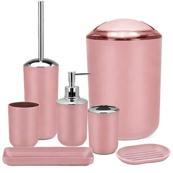 7-Piece Bathroom Set with Trash Can, Toothbrush Holder & Cup, Soap Dispenser & Dish, Toilet Brush, Tray in Pink