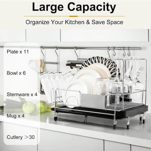 3-Tier Over The Sink Large & Tall Dish Drying Rack, Dish Drainer Basket  Shelf, with Knife Rack, 304 Stainless Steel Utensil Silverware Holder