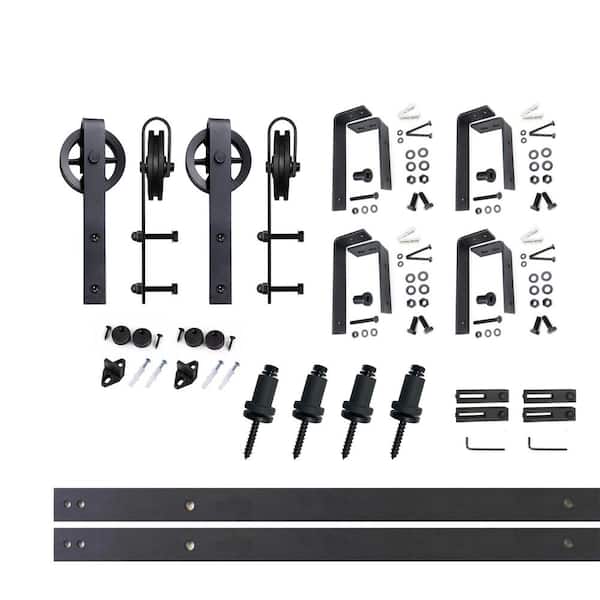 HOMACER 5 ft./60 in. Black Rustic Double Track Bypass U-Shape Sliding Barn Door Hardware Kit - Spoke Wheel Design Roller