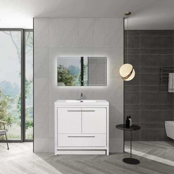 Unbranded 36 in. W x 19 in. D x 34 in. H Freestanding Bathroom Vanity in Hight White with White Solid Surface Top