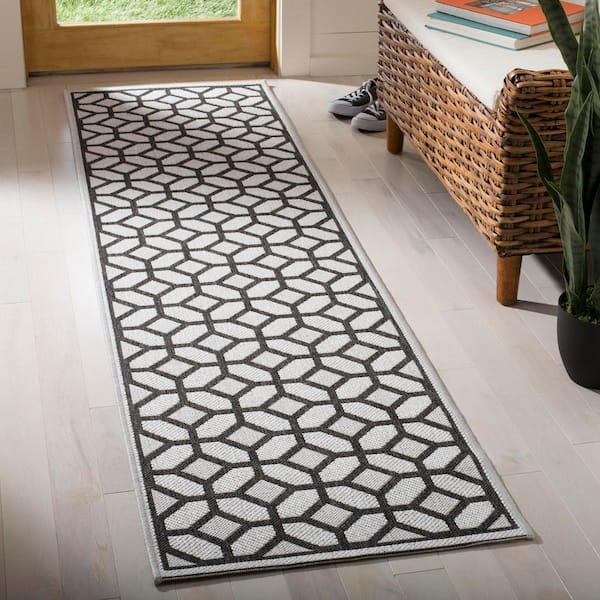 Linden Light Gray/Charcoal 2 ft. x 8 ft. Border Latticework Squares Indoor/Outdoor Runner Rug