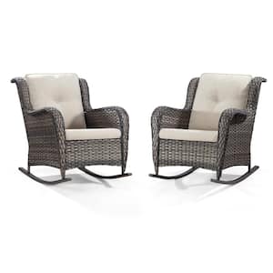 Wicker Outdoor Rocking Chair Patio with Beige Cushion (2-Pack)