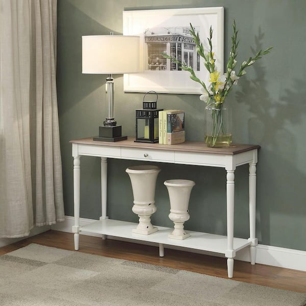 Convenience Concepts French Country 48 in. Driftwood/White Standard Rectangle Wood Console Table with Drawers