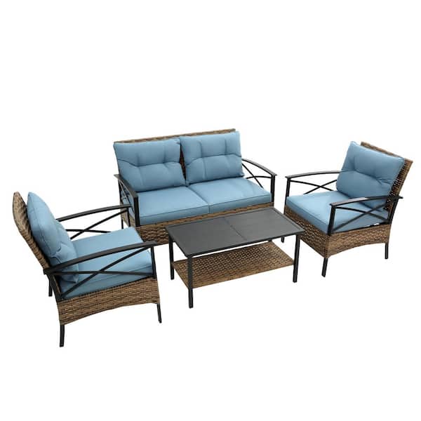 Zeus & Ruta 4-Piece Brown PE Rattan Wicker Steel Frame Patio Conversation Set with Blue Cushions and Coffee Table