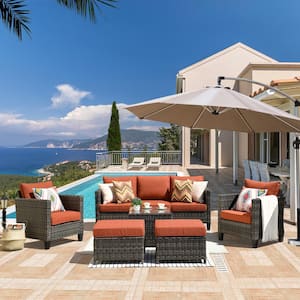 Megon Holly Gray 6-Piece Wicker Outdoor Patio Conversation Seating Set with Orange Red Cushions