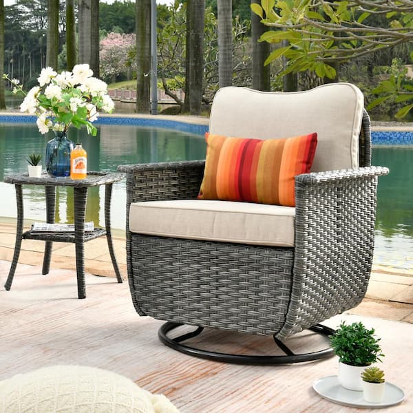 OVIOS Fortune Dark Gray 2-Piece Wicker Outdoor Patio Conversation Set with Beige Cushions and Swivel Chairs
