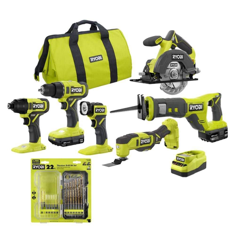 Ryobi ONE+ 18V 6-Tool Combo Kit w/ 2Ah Battery, 4Ah Battery, & Charger w/ 22PC Titanium Drill Bit Set