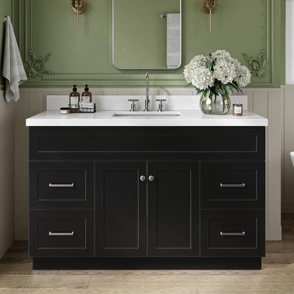 Hamlet 55 in. W x 22 in. D x 36 in. H Bath Vanity in Black with White Pure White Quartz Top