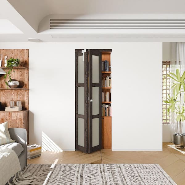 36 in. x 80 in. 3-lite Frosted Glass Solid Core Ancient Wood Color MDF Bi-fold Doors with Lock and Handle