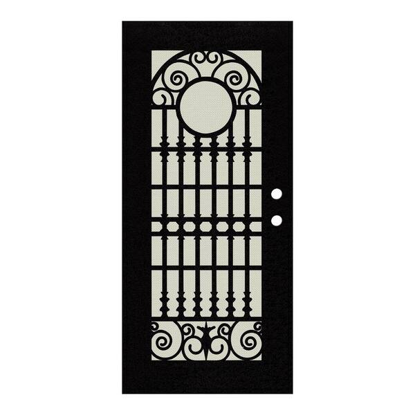 Unique Home Designs 36 in. x 80 in. Spaniard Black Right-Hand Surface Mount Aluminum Security Door with Beige Hammer Perforated Metal Screen