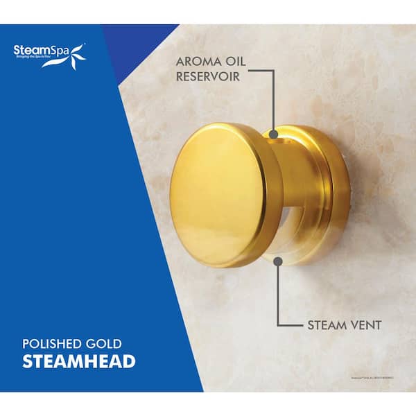 Steam Bath Generator 2 in. W Steam Head with Essential Oils Aromatherapy Scent Reservoir Channel in Polished Gold