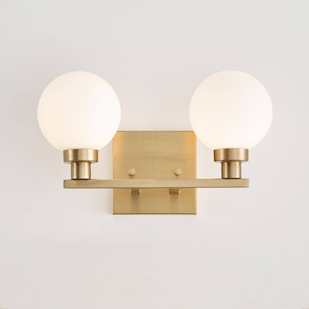 Clybourn Satin Brass 2-Light Vanity with Milk Glass Shades