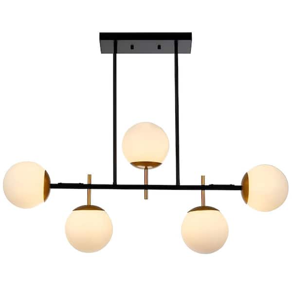 Unbranded Decomus 300-Watt 5 light Black Finish Shaded Pendant Light with Frost White Glass Shade, No Bulbs Included