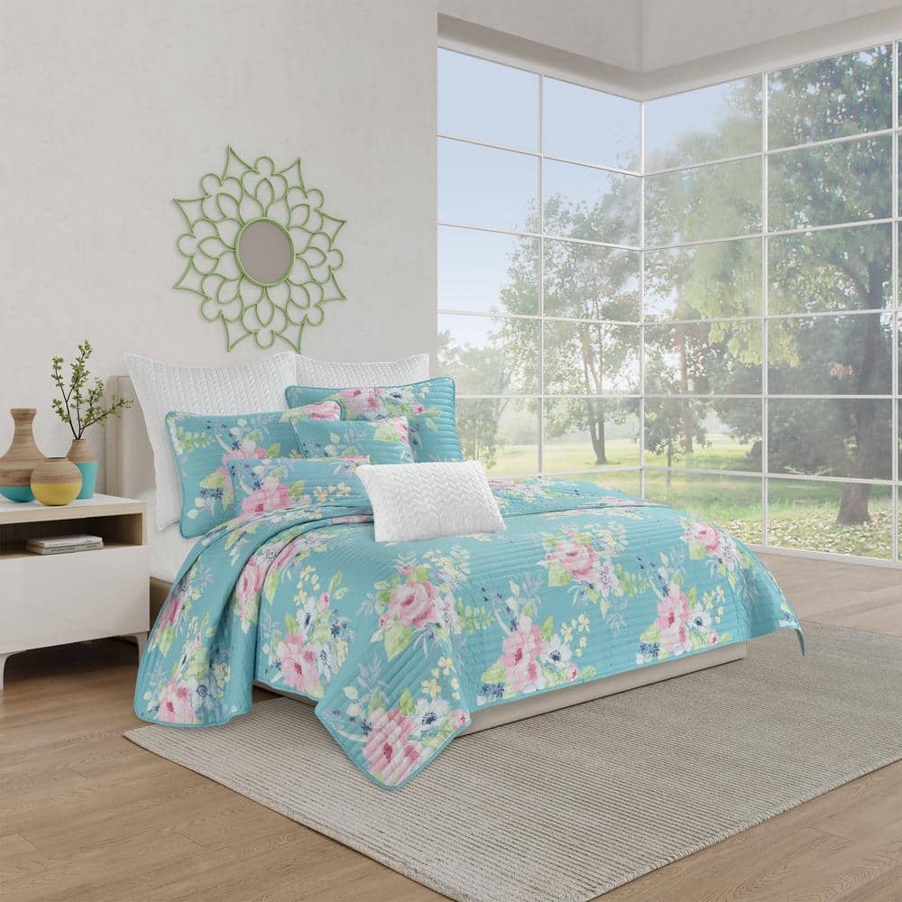 Summer Bloom Azalea Floral Garden Chintz 3-Piece Pink Blue White Green Poly  Cotton King Quilt Bedding Set