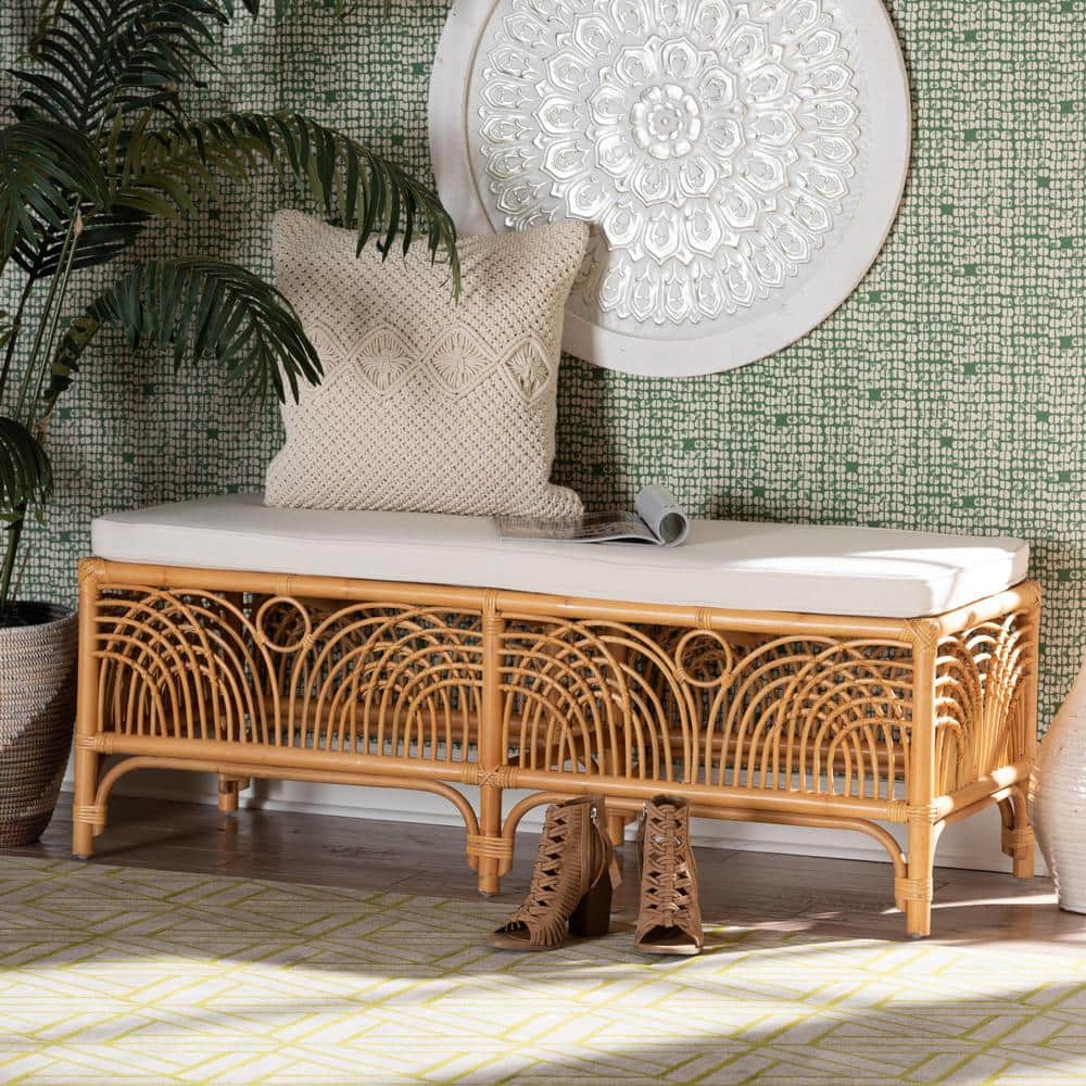 Materra Natural Brown Rattan Bench with Plush White Cushion