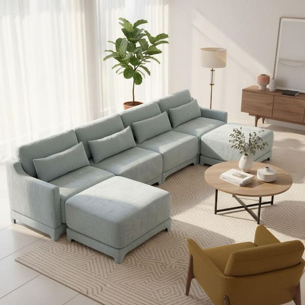 YQJWMD 141.7 in. Straight Arm 6-Piece Chenille Modular Sectional Sofa Comfort , 4-Seater, 2 Ottomans in Powder Blue