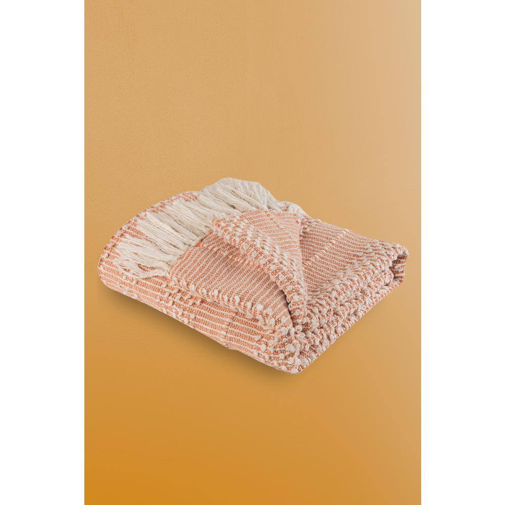Blush and White Cotton Knotted Fringe Throw Blanket, 50x60