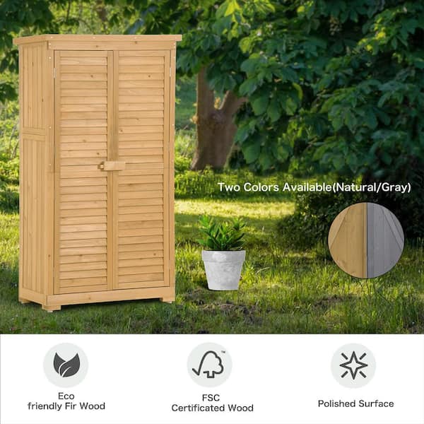 Wooden Garden Shed 3-tier Patio Storage Cabinet Outdoor Organizer Wooden Lockers with Fir Wood - Gray