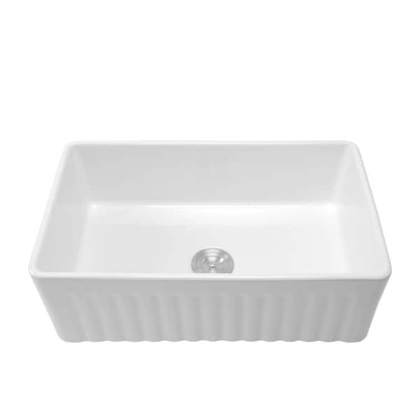 33 in. Drop-In Single Bowl White Ceramic Kitchen Sink with Reversible Design and Stainless Steel Accessories Included