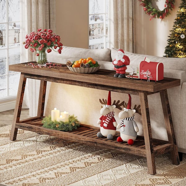 Turrella 70.9 in. Rustic Brown Rectangle Wood Console Table with 2-Tier Storage for Living Room