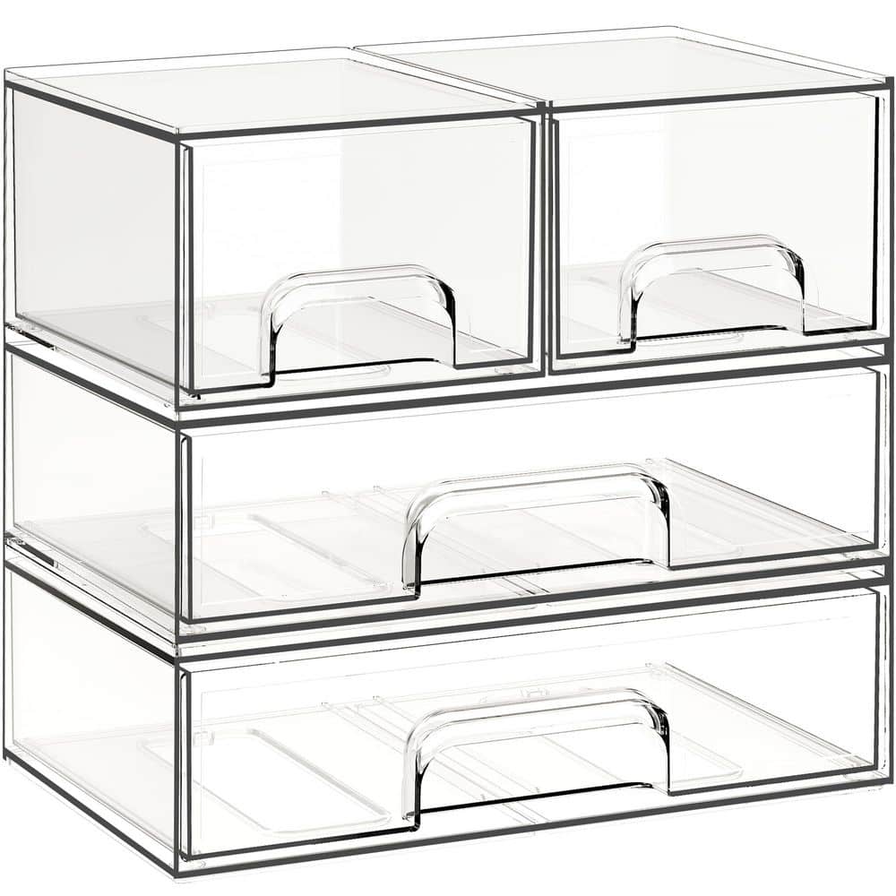 4-Pack Clear Plastic Stackable Storage Drawers with Smooth-Glide Tracks for Vanity, Bathroom, Kitchen and Pantry